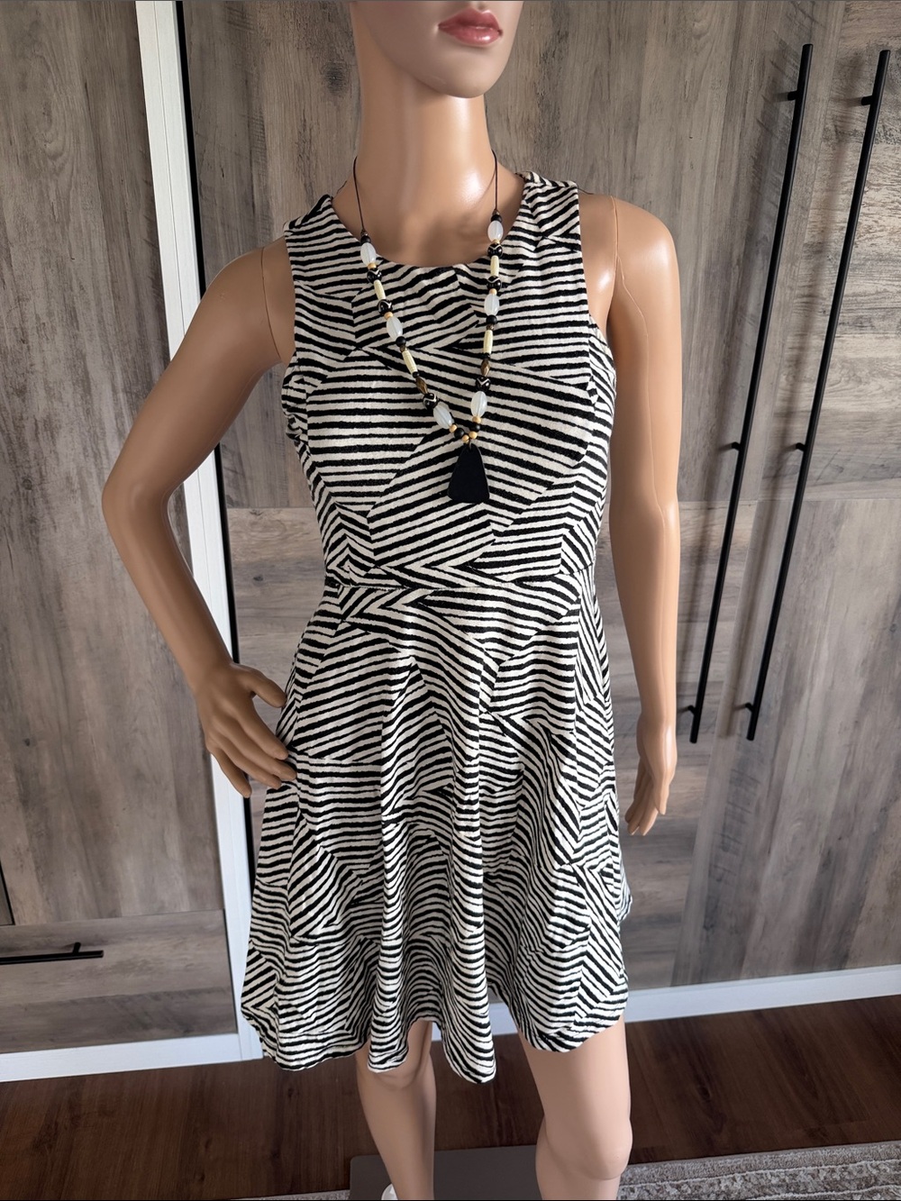 Sleeveless Black and White Striped Fit & Flare Dress